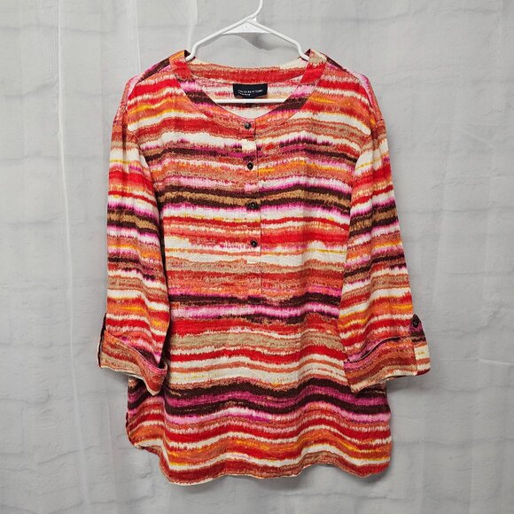 Jones New York Blouse Stripes Linen Pink Festival Summer Beach L - Picture 9 of 10